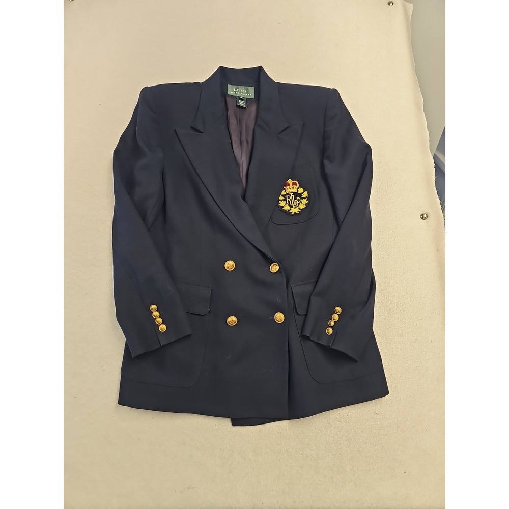 Lauren Ralph Lauren Navy Wool Blend Double Breasted Crest Blazer Gold Buttons 12